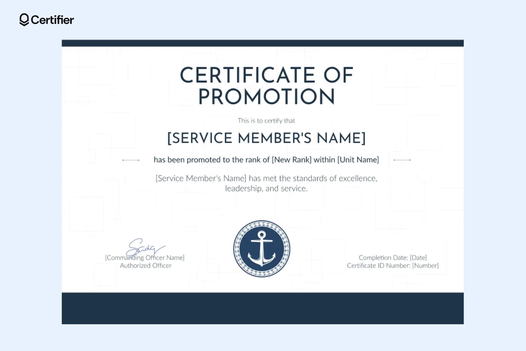 Navy-themed military promotion certificate template, including fields for rank, date and digital verification tools.