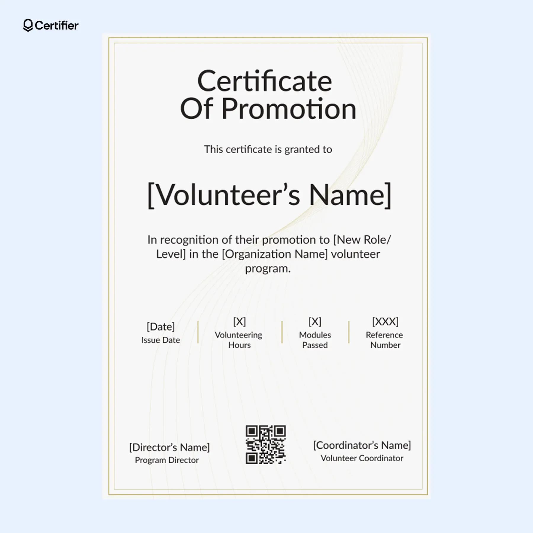 Volunteer promotion certificate template with program stats and signatures; with a yellow background, QR code, room for authority signatures and recipients’ details.