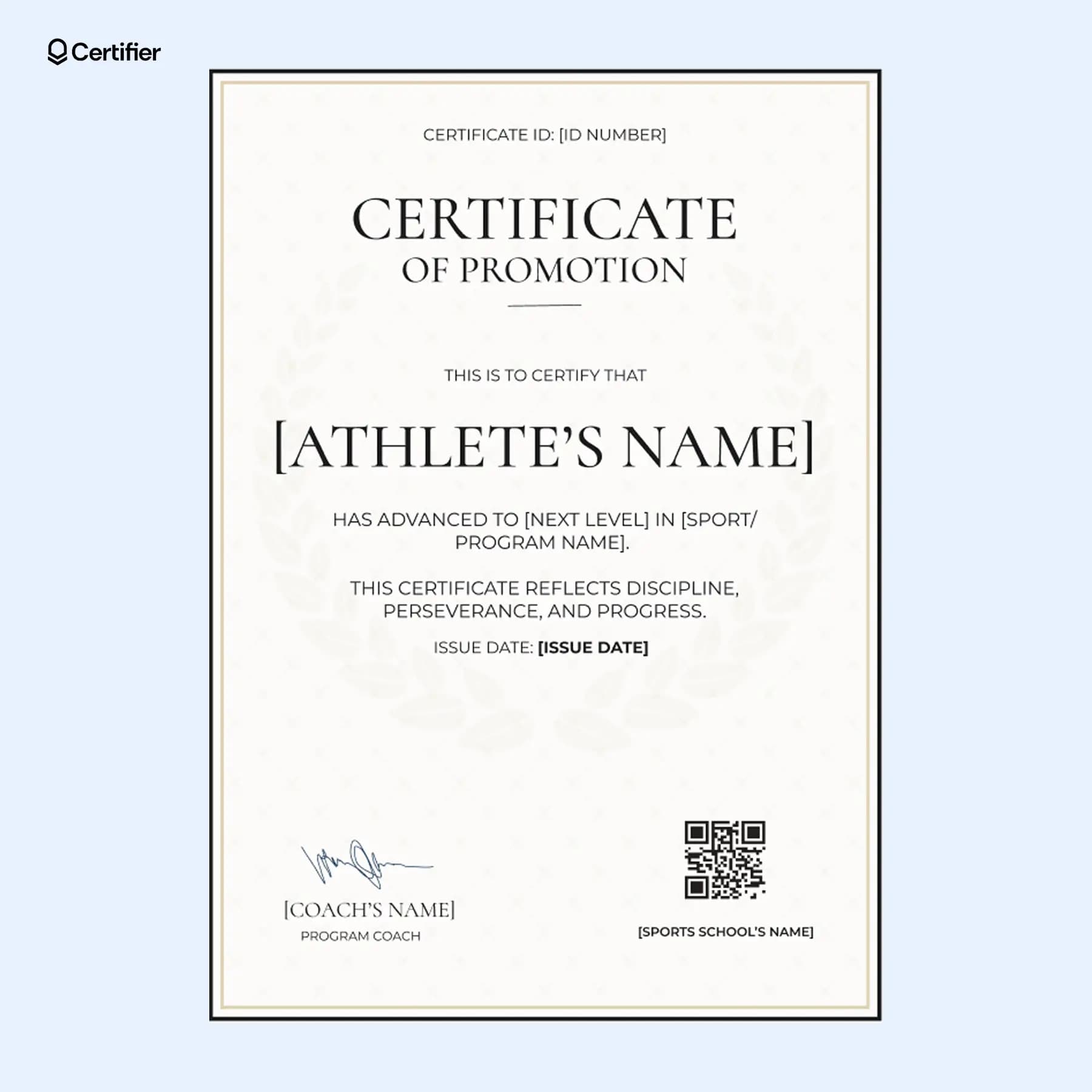 Athletic promotion certificate featuring a minimalist layout and verification-ready QR code, commonly used in coaching programs.