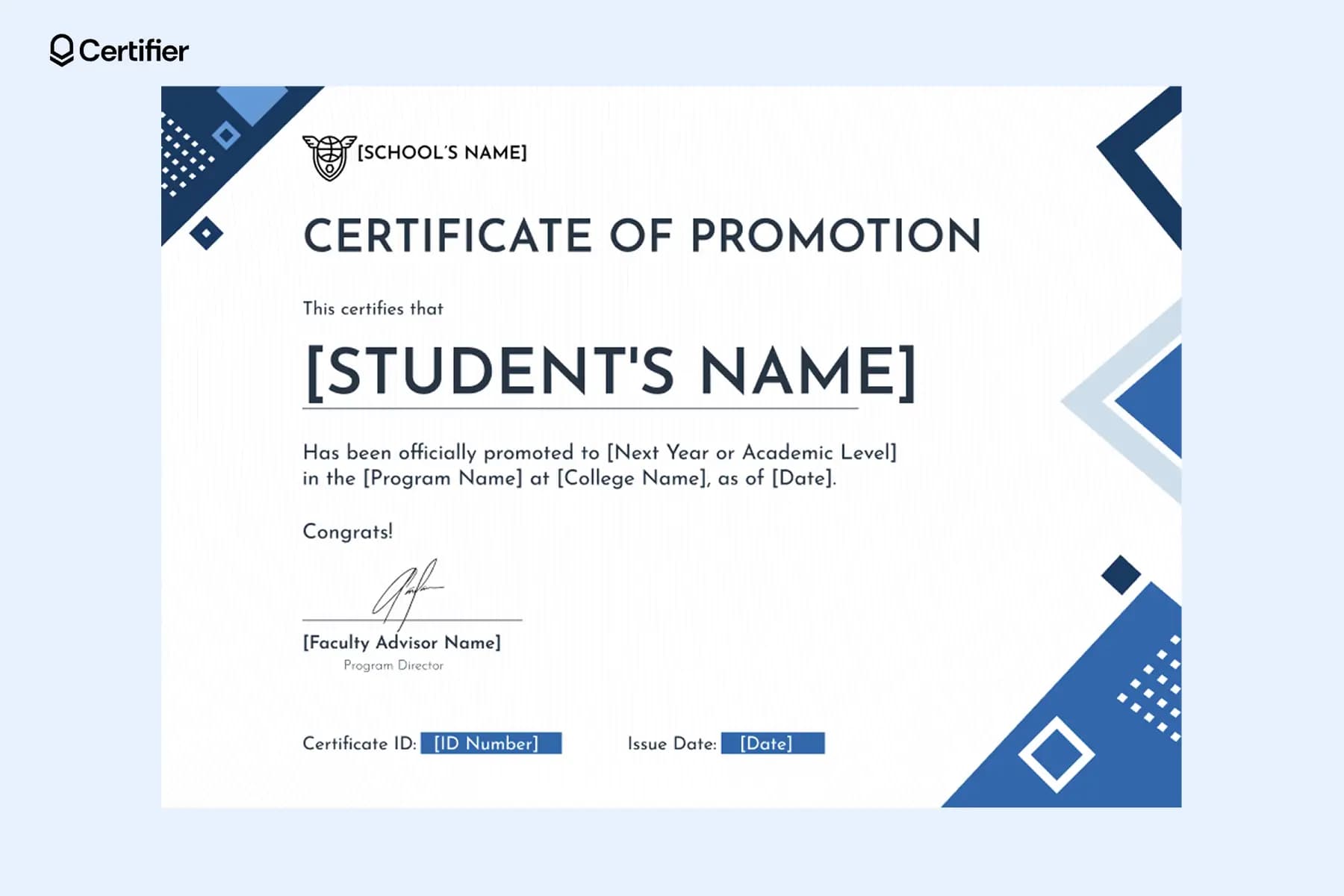 Digital-friendly promotion certificate template with verification tools like QR code and unique ID, ready for email or online sharing.