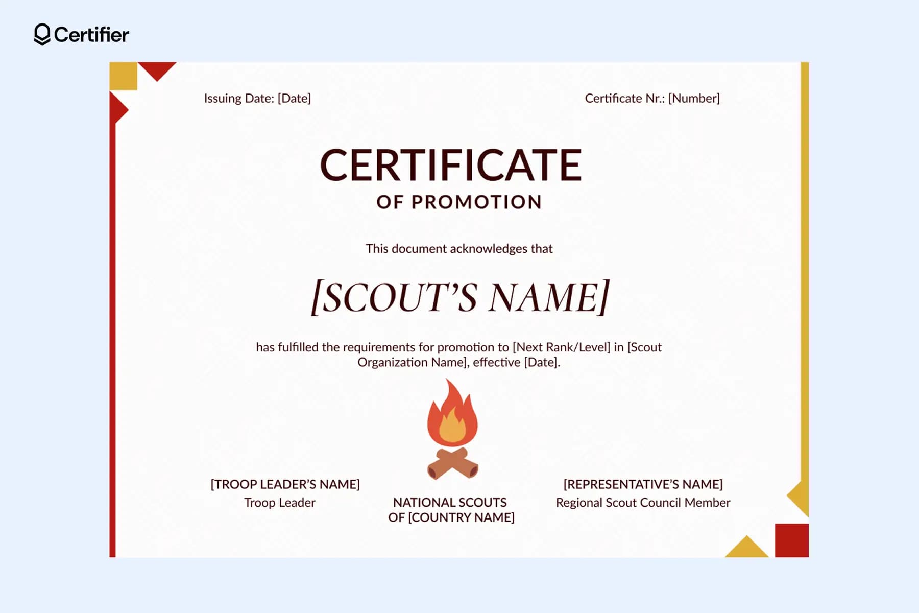 Scout program promotion certificate template including troop details and signature blocks for formal youth recognition.