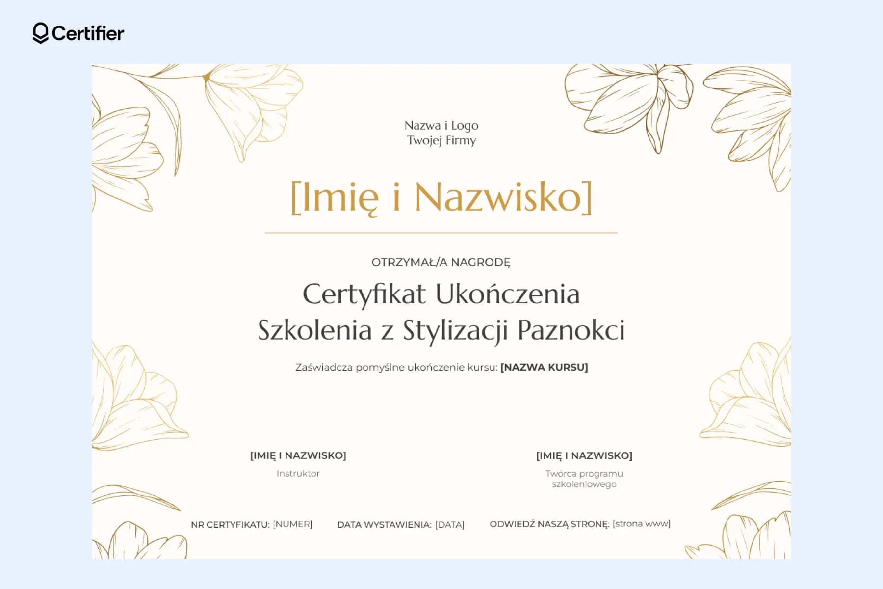 Certyfikat ukończenia kursu stylizacji paznokci w eleganckim stylu roślinnym z jasnym tłem i beżowymi akcentami.