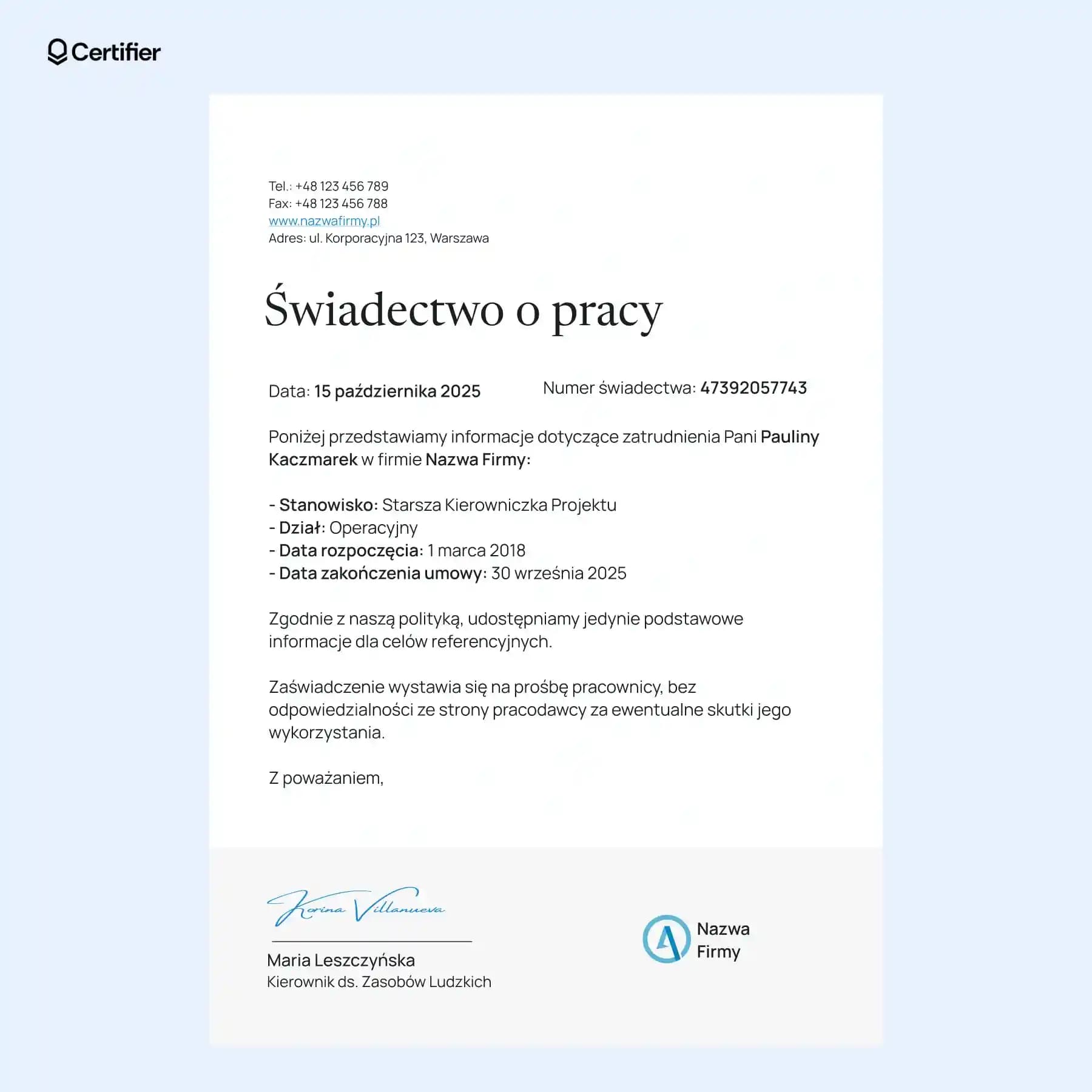Minimalistyczny szablon świadectwa pracy z prostym układem i krótkimi blokami tekstu, idealny do szybkiego wypełnienia i przekazania.