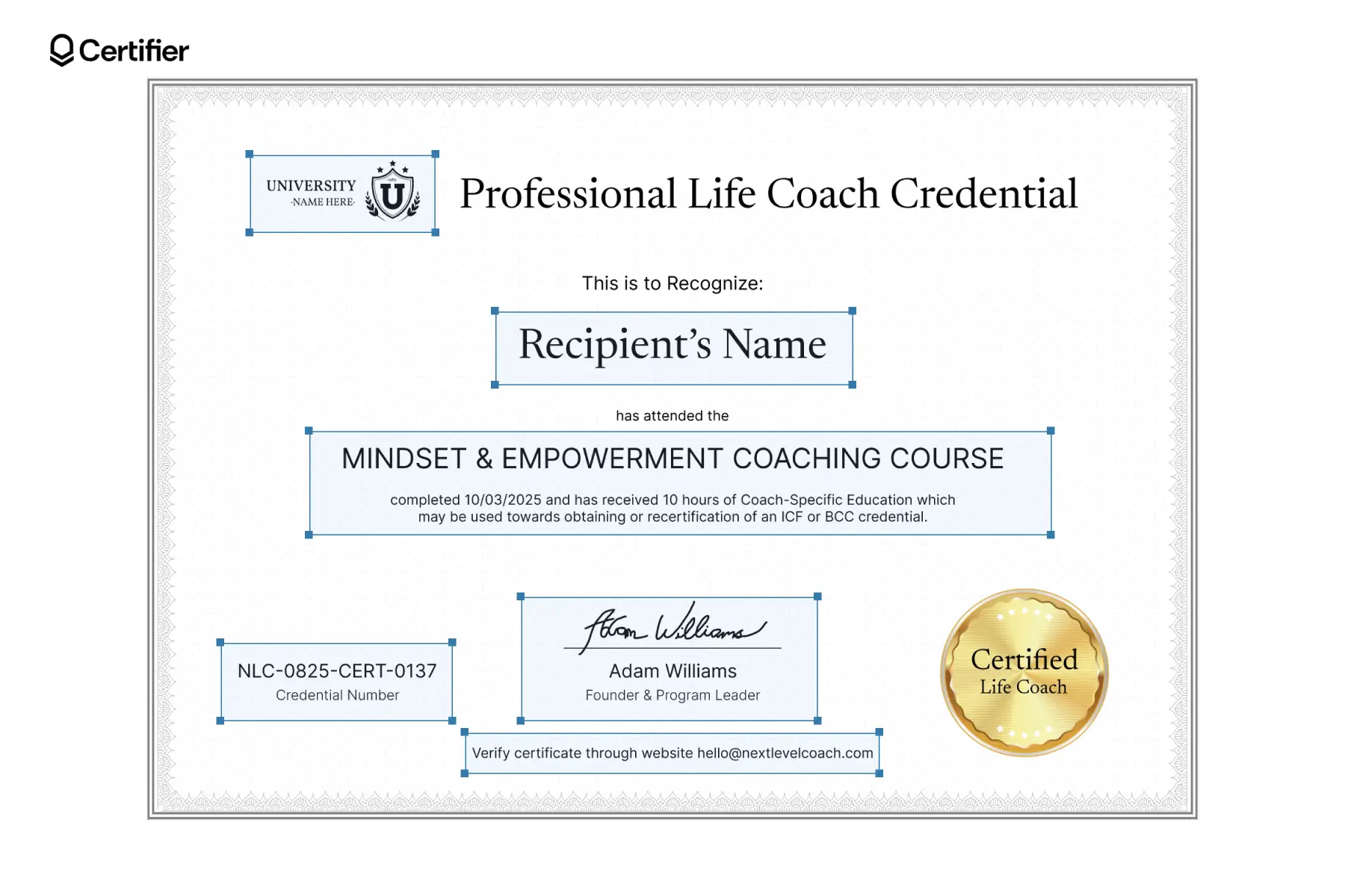 Professional life coach credential certificate template in soft-grey landscape design with geometric border and gold “Certified Life Coach” seal.