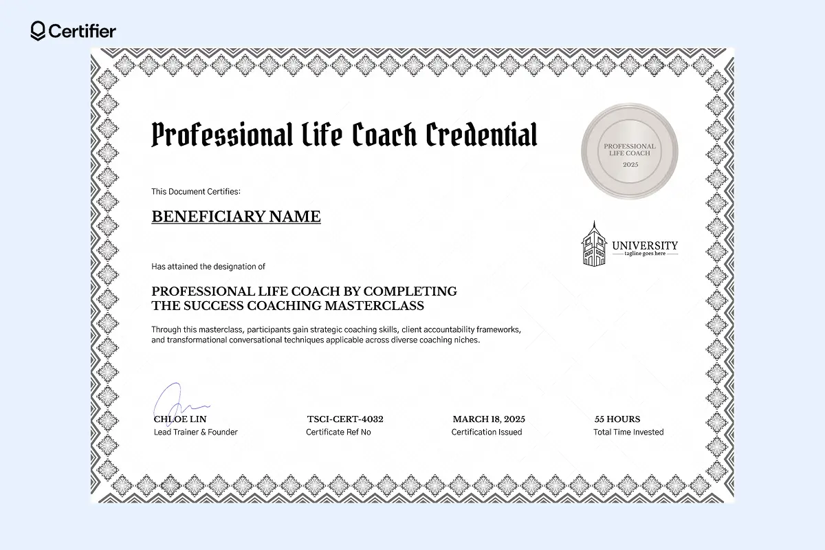 Professional life coach certificate template free featuring bold blackletter heading, diamond guilloche border and embossed round emblem.