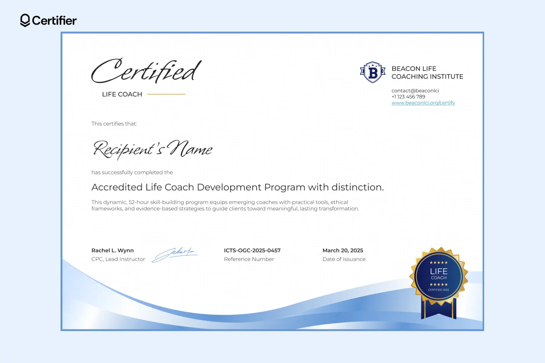 Modern blue life coach certificate template free with wave motif and navy-gold badge.