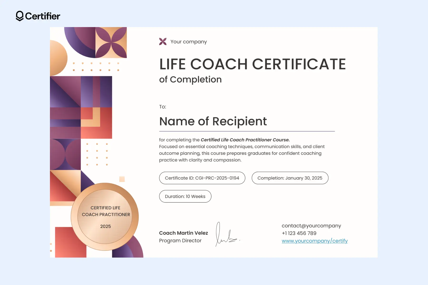 Abstract purple geometric life coach certificate template PDF featuring modern shapes and bronze seal