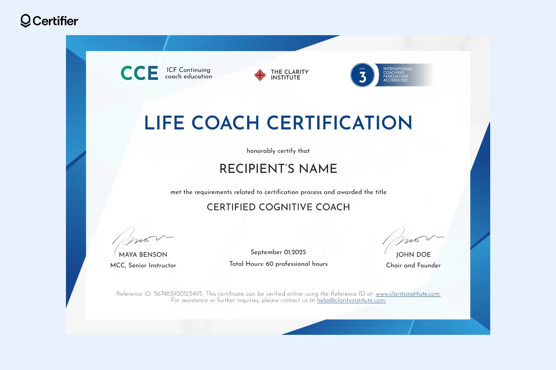 Geometric blue life coach certification images with CCE and ICF badges that contains the disclaimer at the buttom with a reference ID.