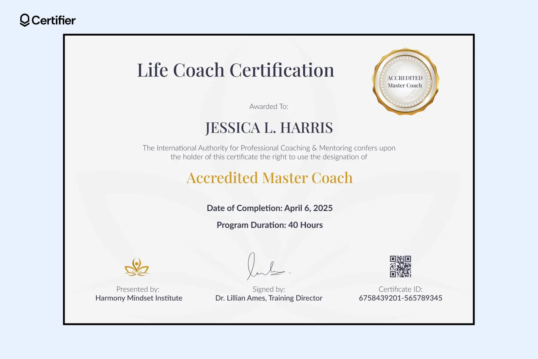 Lotus-watermark printable life coach certificate with gold badge, institute logo and QR code.