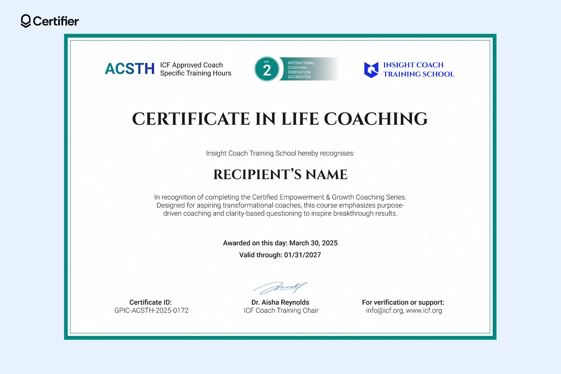 Bordered free life coaching certificate templates PDF with ACSTH badge and validity dates.