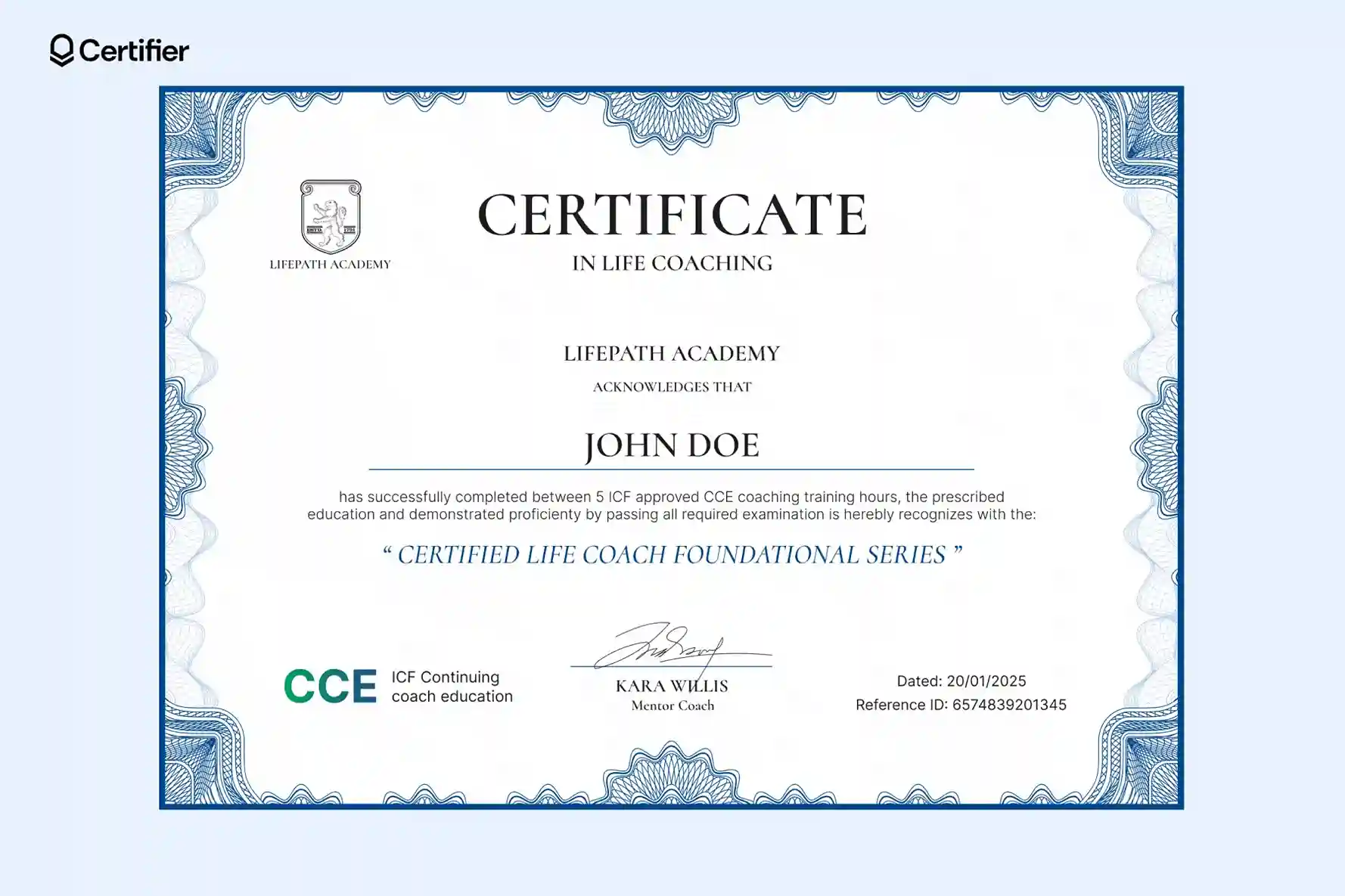 Blue guilloche free life coaching certificate template with CCE mark and dedicated placeholders for date and reference ID.