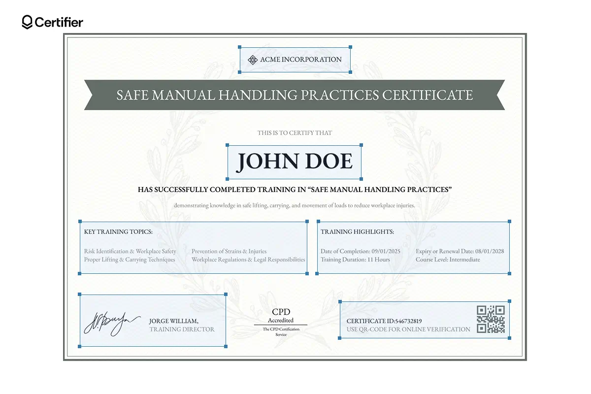 Green-ribbon manual handling certificate template with training details and CPD verification QR code; a straightforward certificate to award outcomes of workplace safety training effectively.