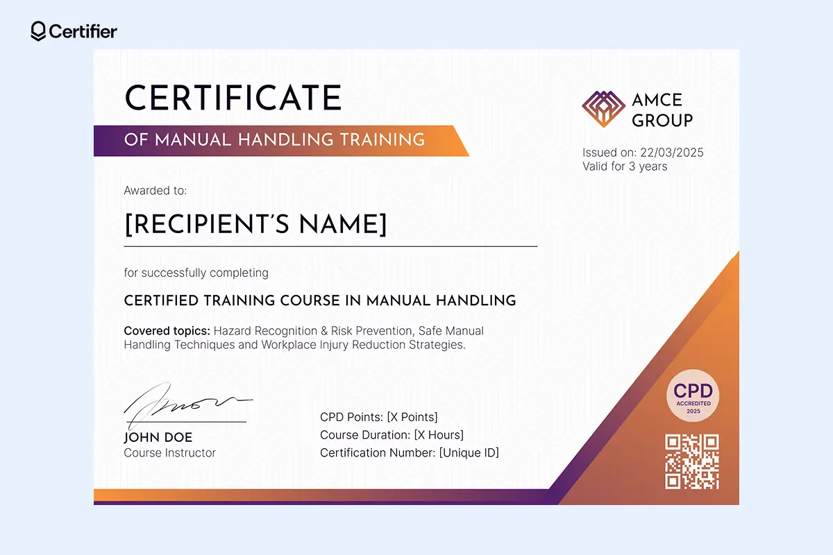 Manual handling certificate example with bold gradient header and editable course details; works well for various styles of safety programs.