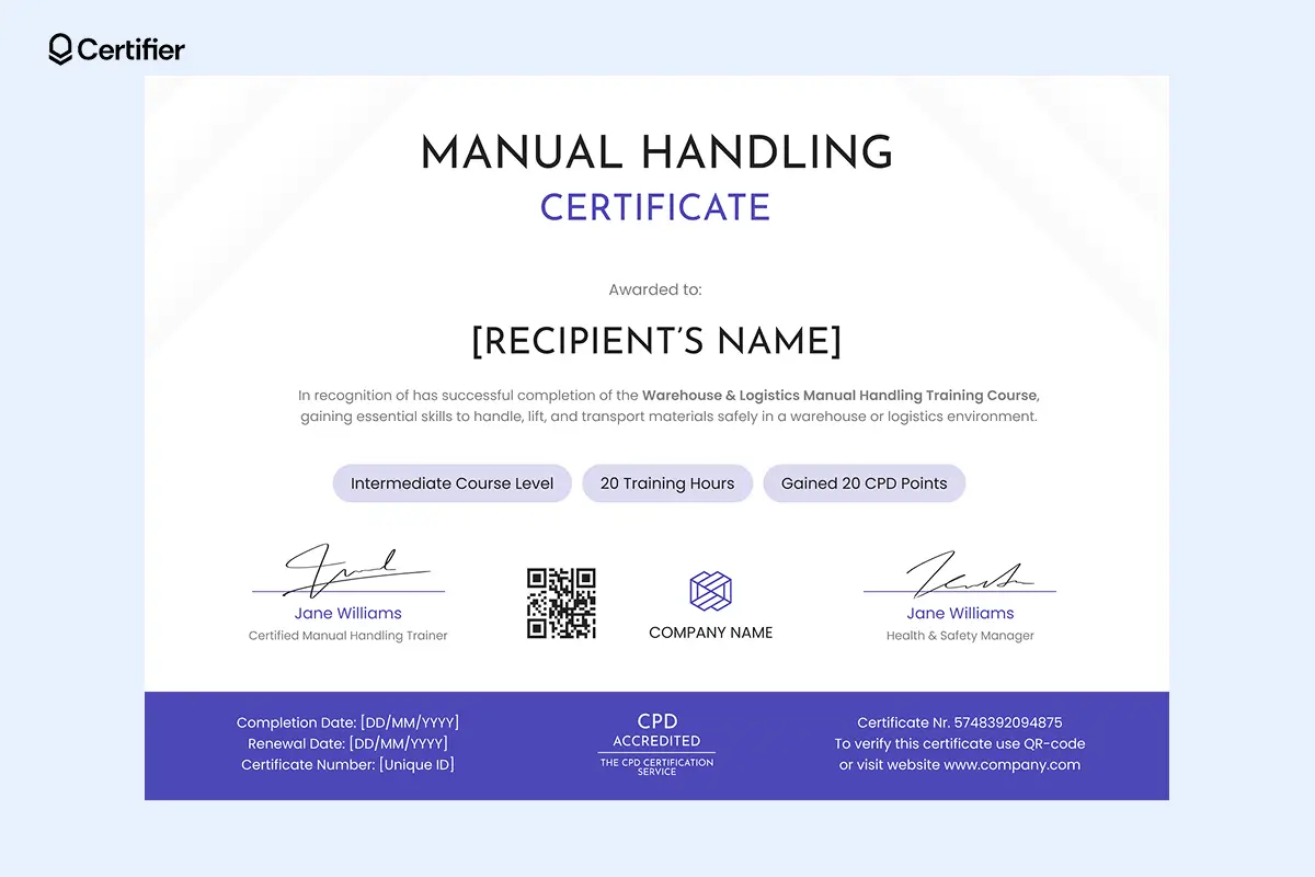 Manual handling cert example with CPD tags, purple highlights and validation section; supports transport teams in documenting outcomes from bulk training sessions.
