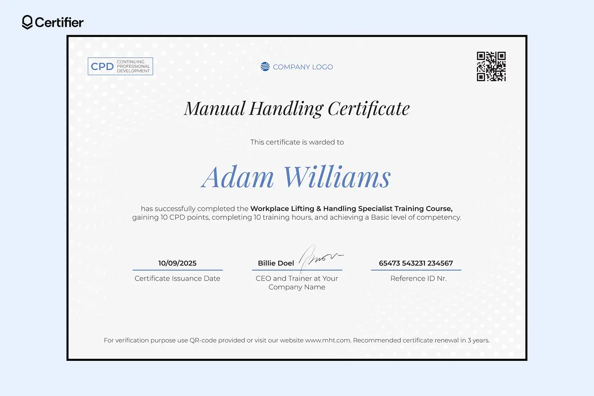 Blank manual handling certificate template with CPD points, training hours and advanced safety level; helps trainers create consistent records across advanced programs.