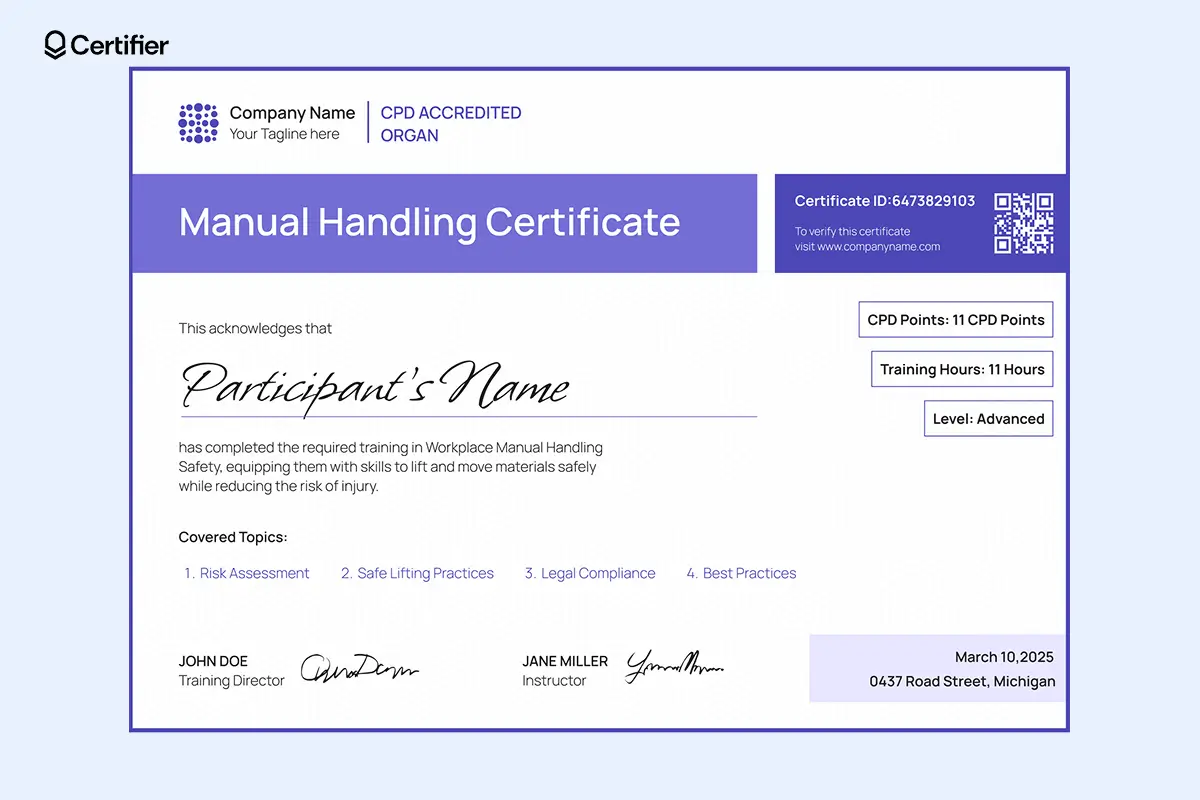 Manual handling cert example with CPD tags, purple highlights and validation section; readable layout made for training participants in general lifting safety.