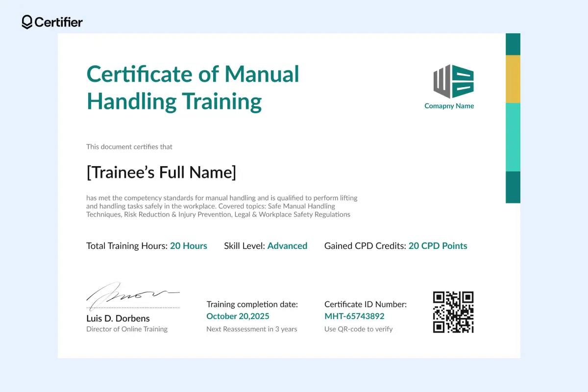 Manual handling certificate template PDF showing 20-hour course info and CPD credit section; the manual handling certificate sample is in horizontal orientation.