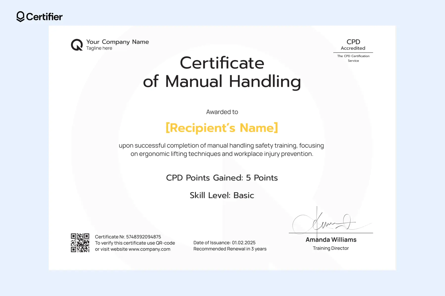 Simple manual handling certificate template PDF for ergonomic safety training with 5 CPD points shown; includes space to add branding or images before exporting as PDF.