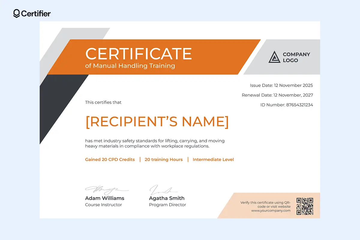 Blank manual handling certificate template with orange header, CPD log and advanced course fields.