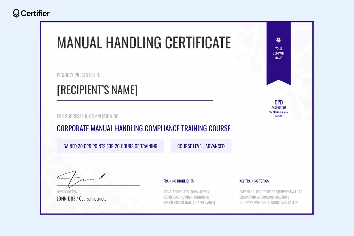 Manual handling certificate PDF for advanced workplace safety training with clean visual layout.
