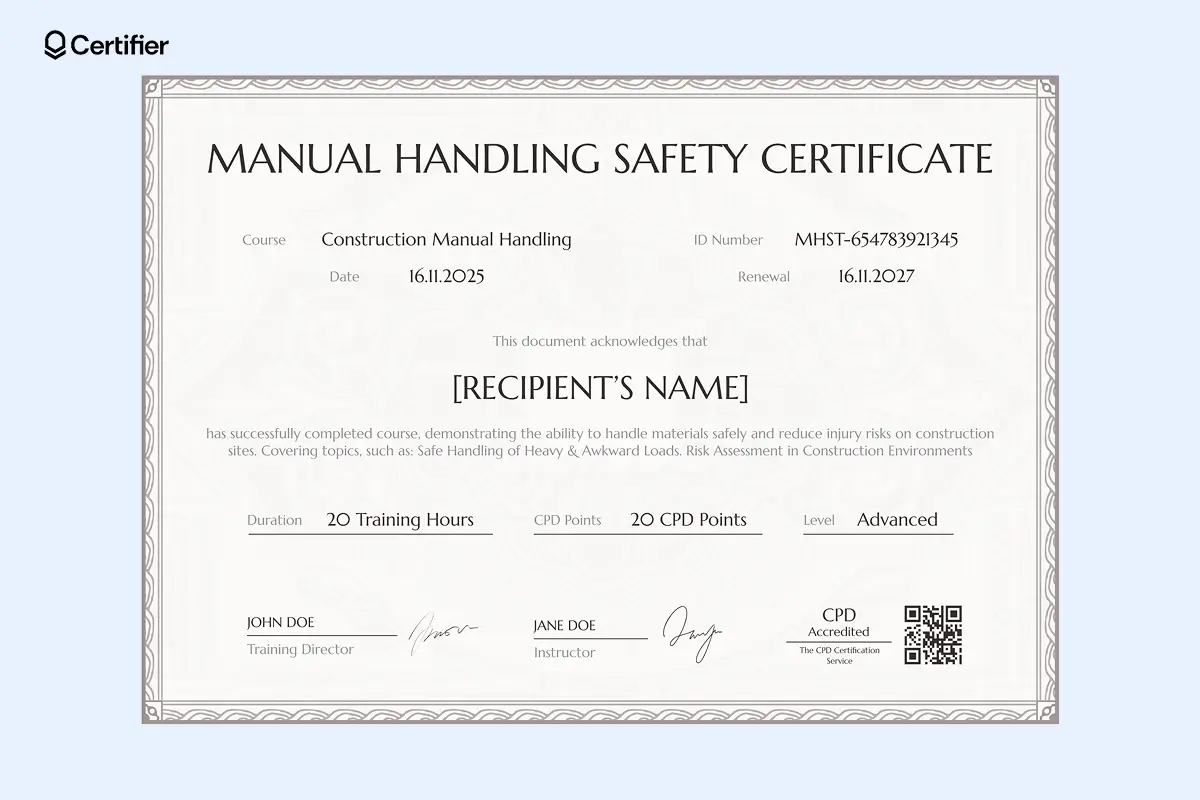Manual handling certificate template Word format for construction training with border design and CPD points.