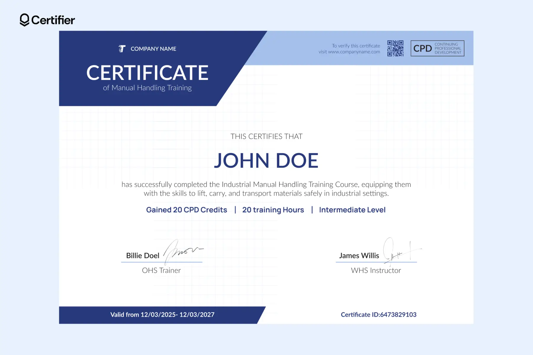 Manual handling certificate PDF showing CPD credits and validation for industrial safety training; the manual handling certificate template Word features blue tones and notebook feel.