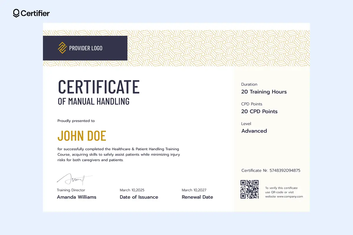 Manual handling training record template for patient care and lifting safety with CPD log; can be used as a certification of achievement or appreciation.