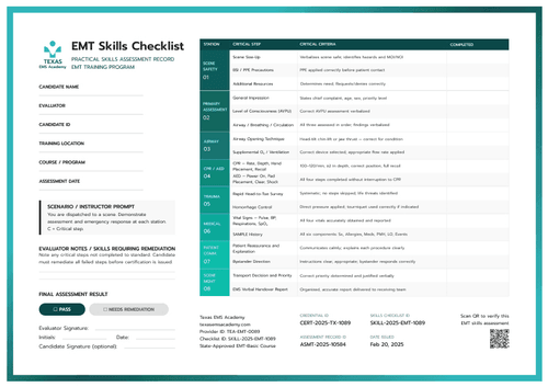 Professional green EMT skills checklist template
