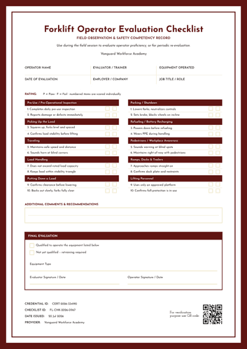Maroon forklift operator evaluation checklist template