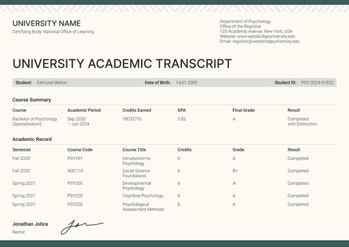 Professional green university academic transcript template