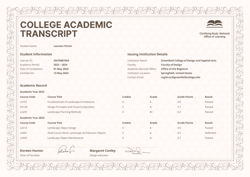 Formal beige college academic transcript template