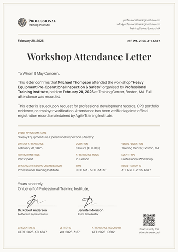 Professional brown workshop attendance letter template