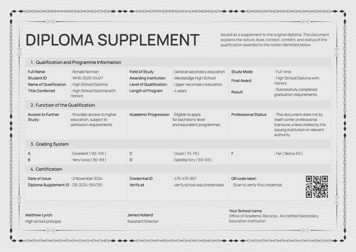 Formal gray diploma supplement template