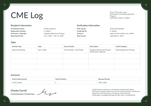 Professional green CME log template