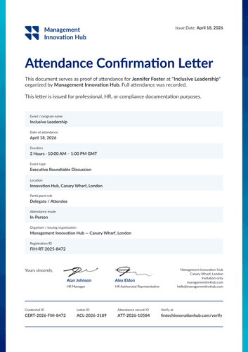 Modern blue gradient attendance confirmation letter template