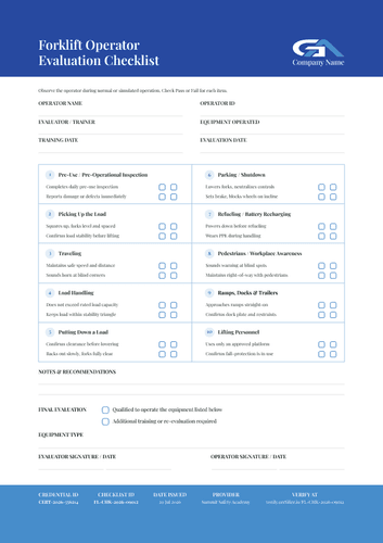 Cerulean forklift operator evaluation checklist template