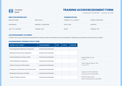 Modern blue training acknowledgement form template