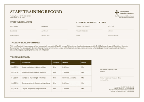 Formal brown staff training record template