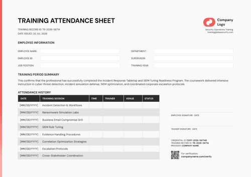 Modern red training attendance sheet template