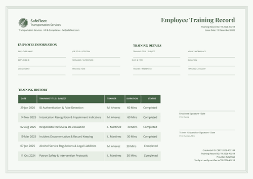 Formal green employee training record template