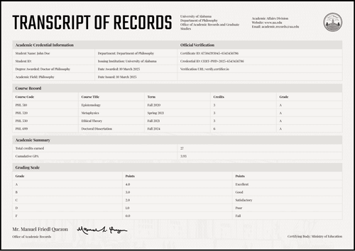 Professional black PhD transcript of records template