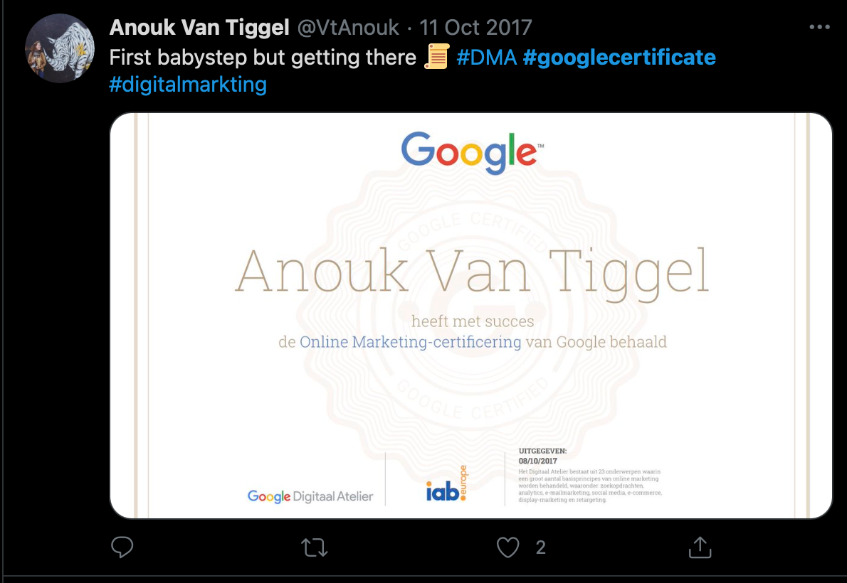 Google certificate on Twitter
