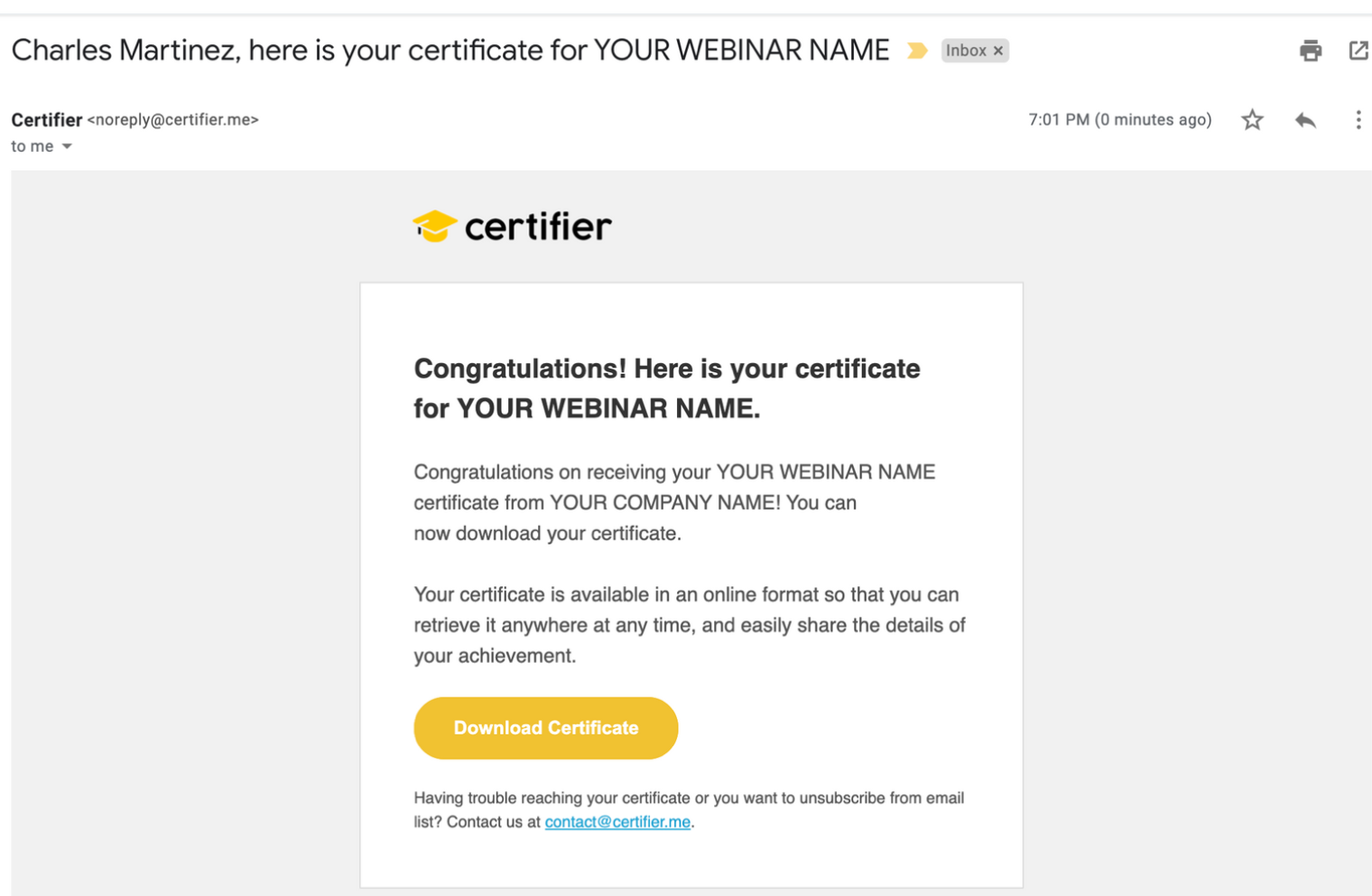 Email with certificate