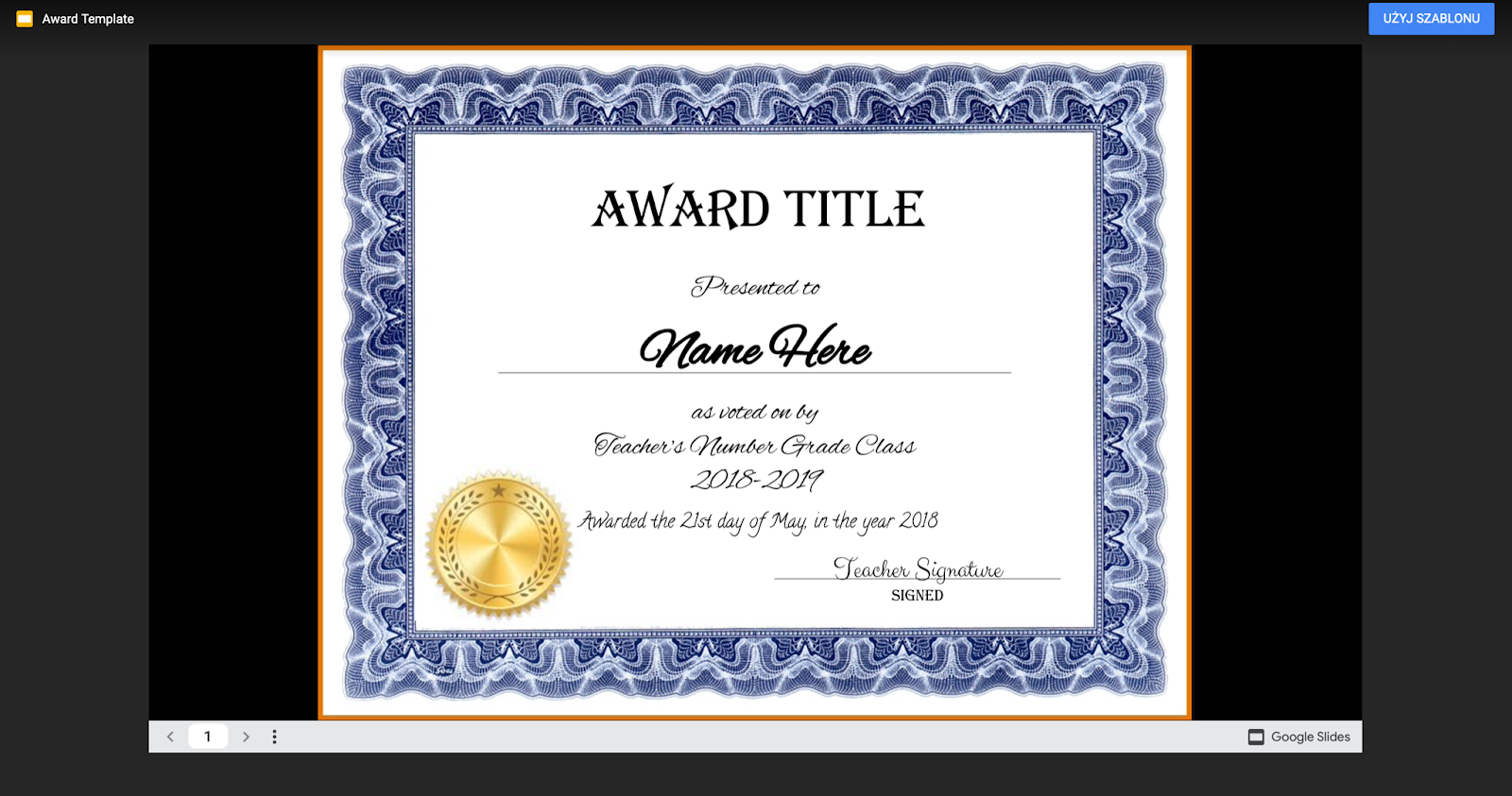 Google Slide Certificate blue template