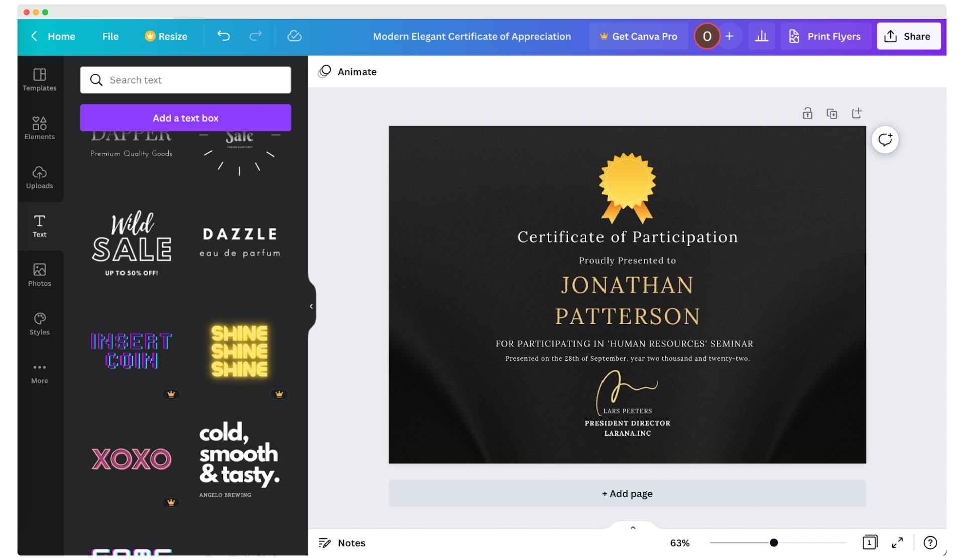 Generating multiple certificates with different names via Canva.