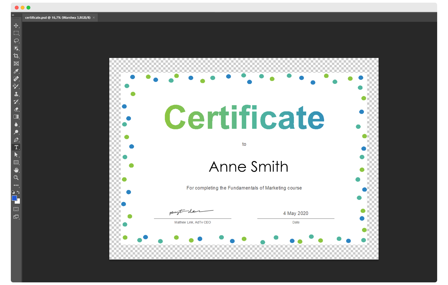 Generating multiple certificates with different names via Photoshop.