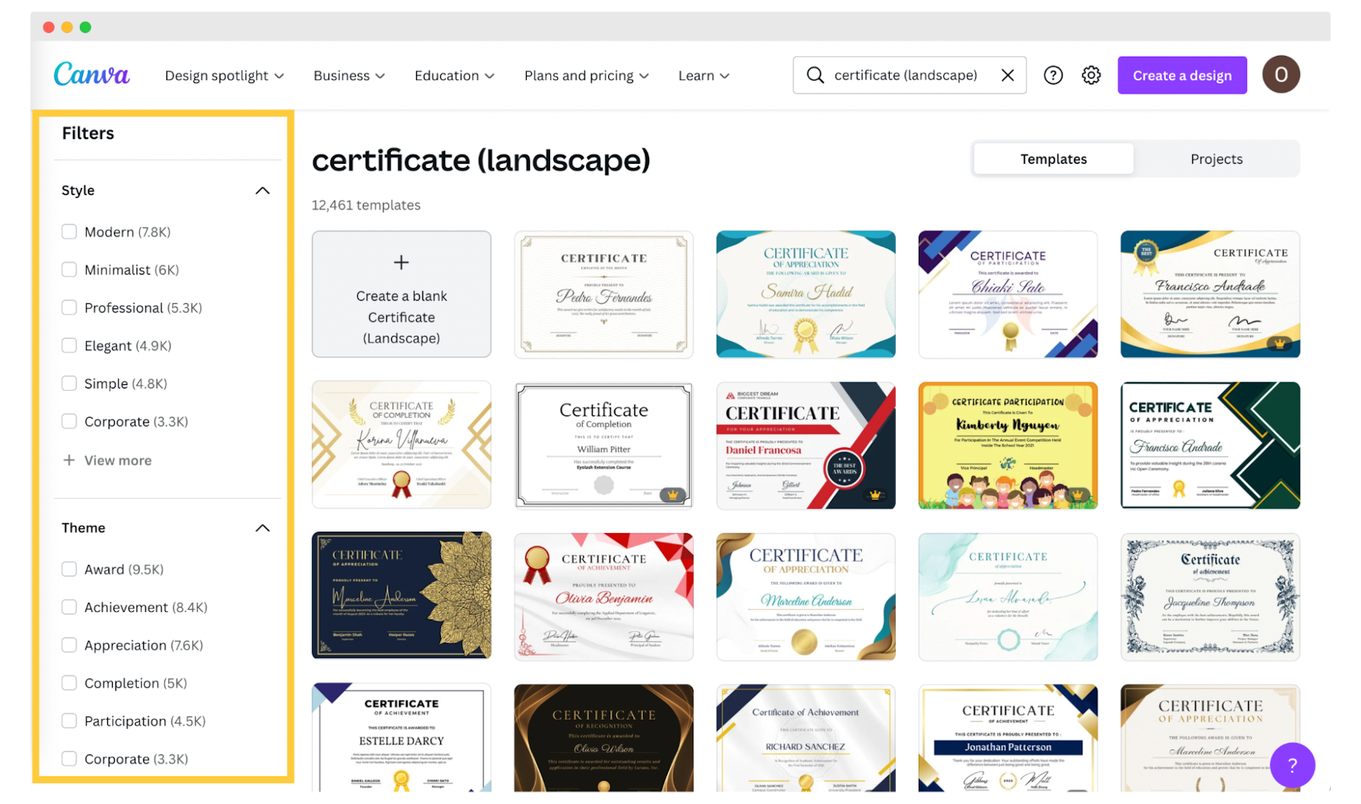 Canva templates to choose from while creating certificates.