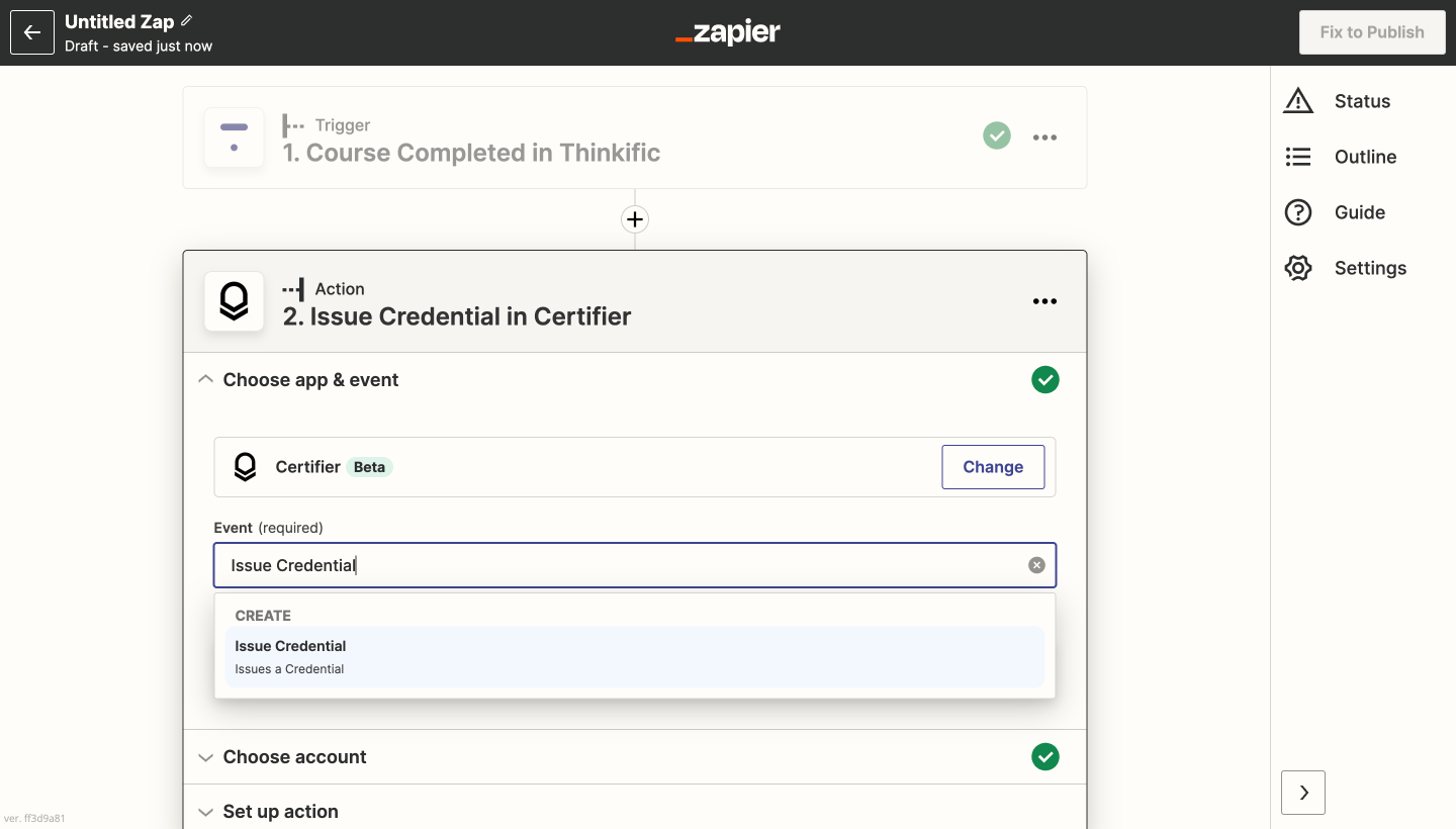 #6 Certifier - setting up Zapier action for Thinkfic