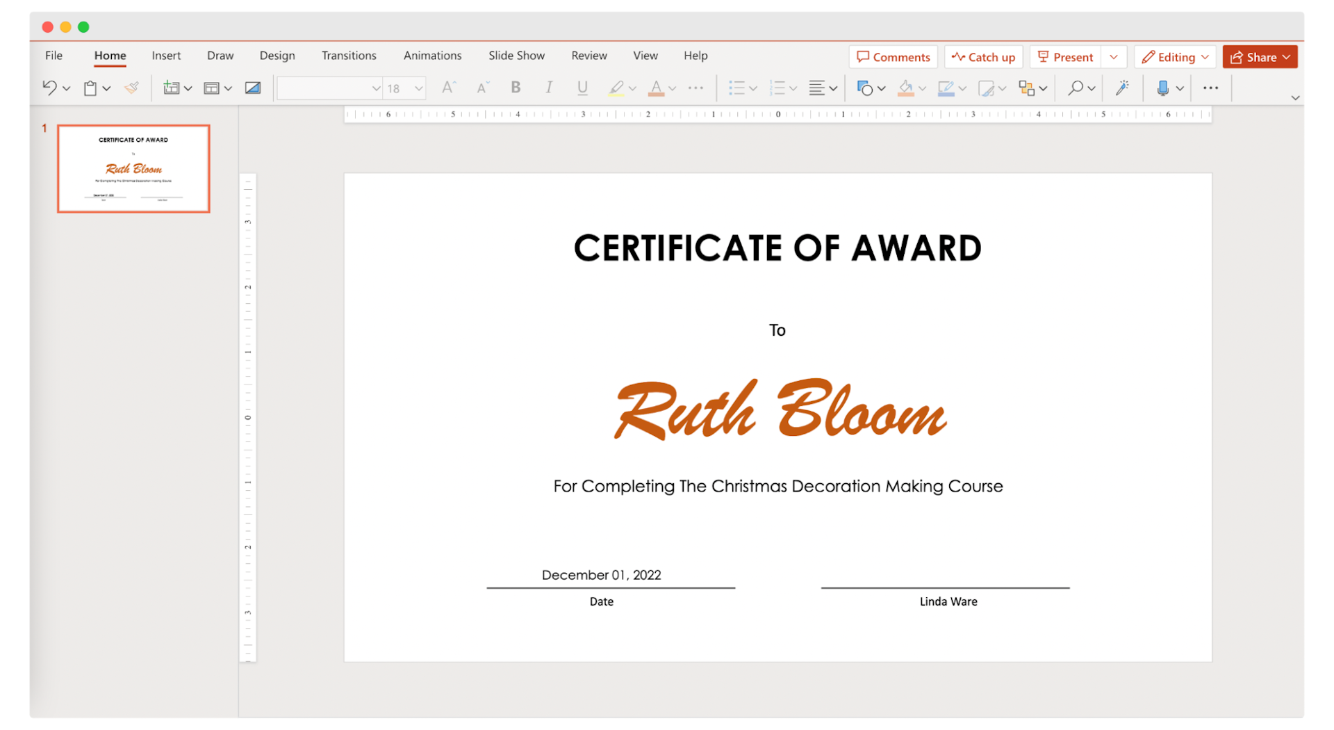 Creating certificate of award in PowerPoint.