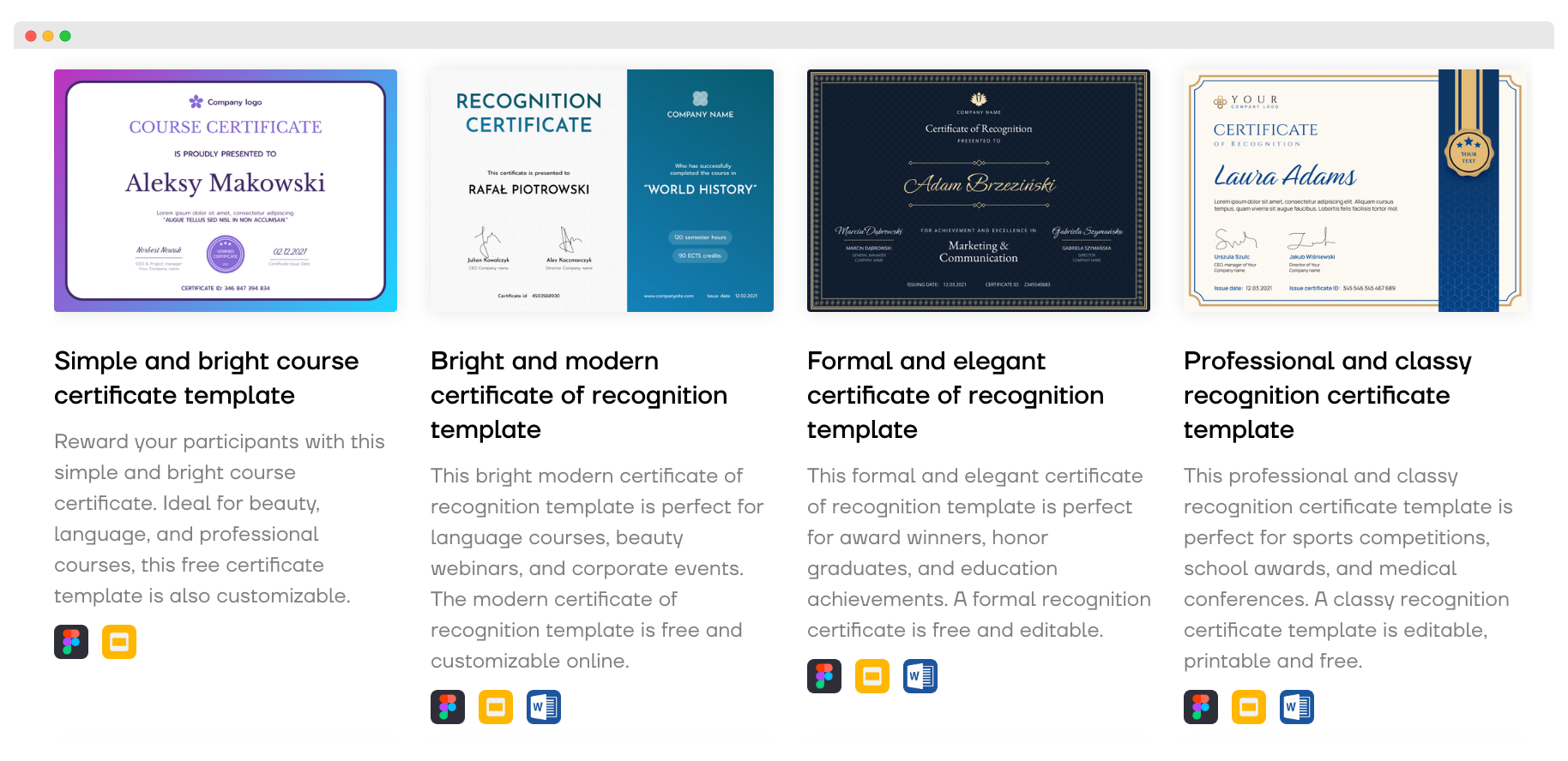 The library of certificate templates available on Certifier.
